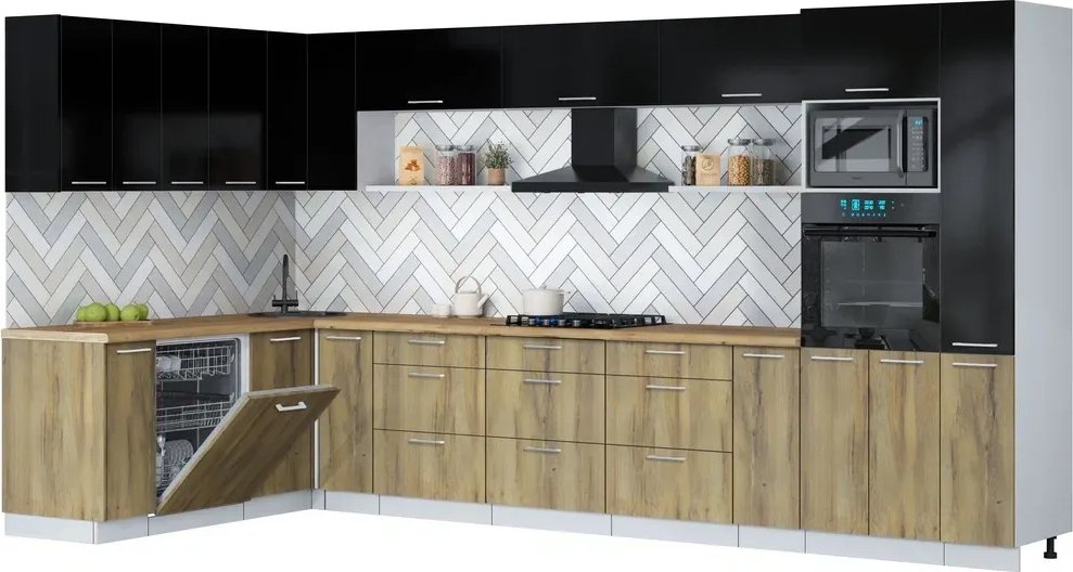 

Готовая кухня Интерлиния Мила Gloss 1.896х3.88 (дуб вотан/черный глянец/дуб бунратти)