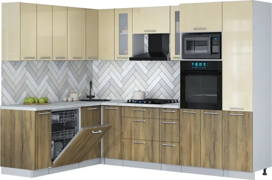 

Готовая кухня Интерлиния Мила Gloss 1.896х2.78 (дуб вотан/ваниль глянец/серый каспий)