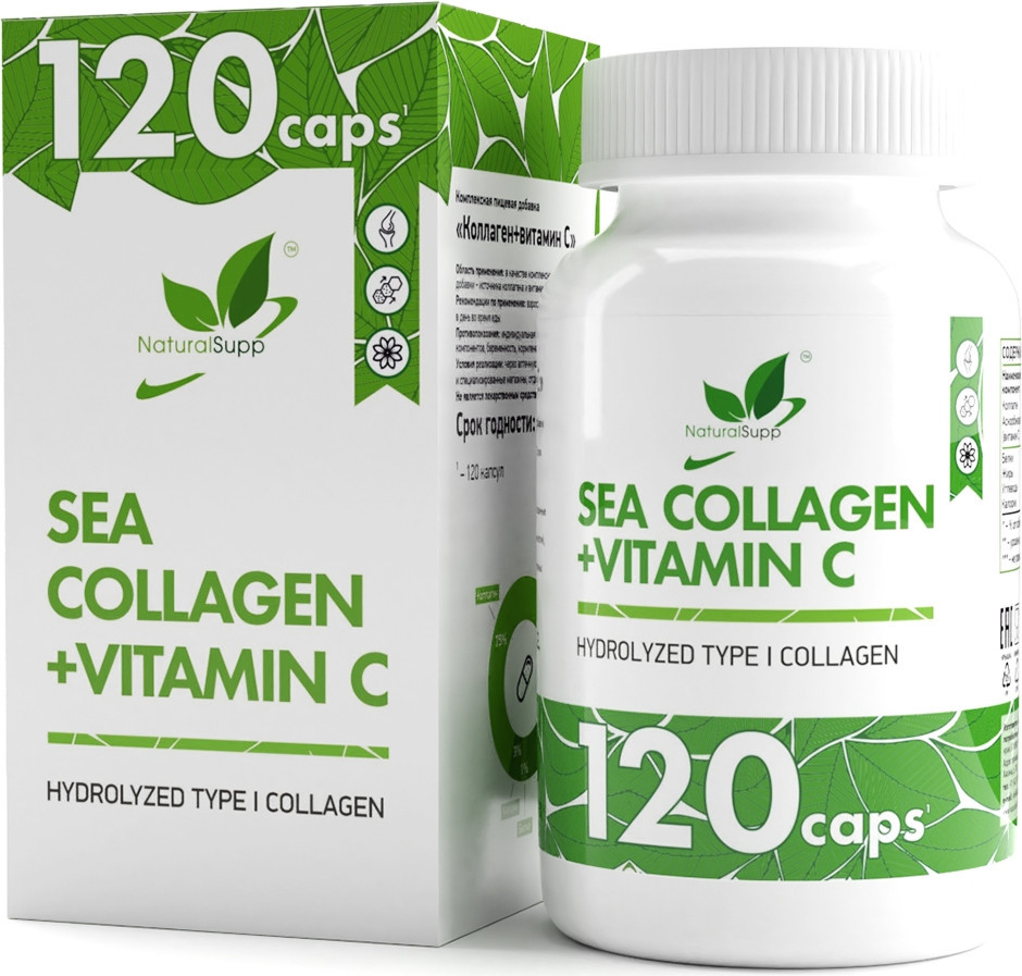 

Витамины, минералы NaturalSupp Морской коллаген + Витамин С (Sea collagen + vitamin C), 120 капсул