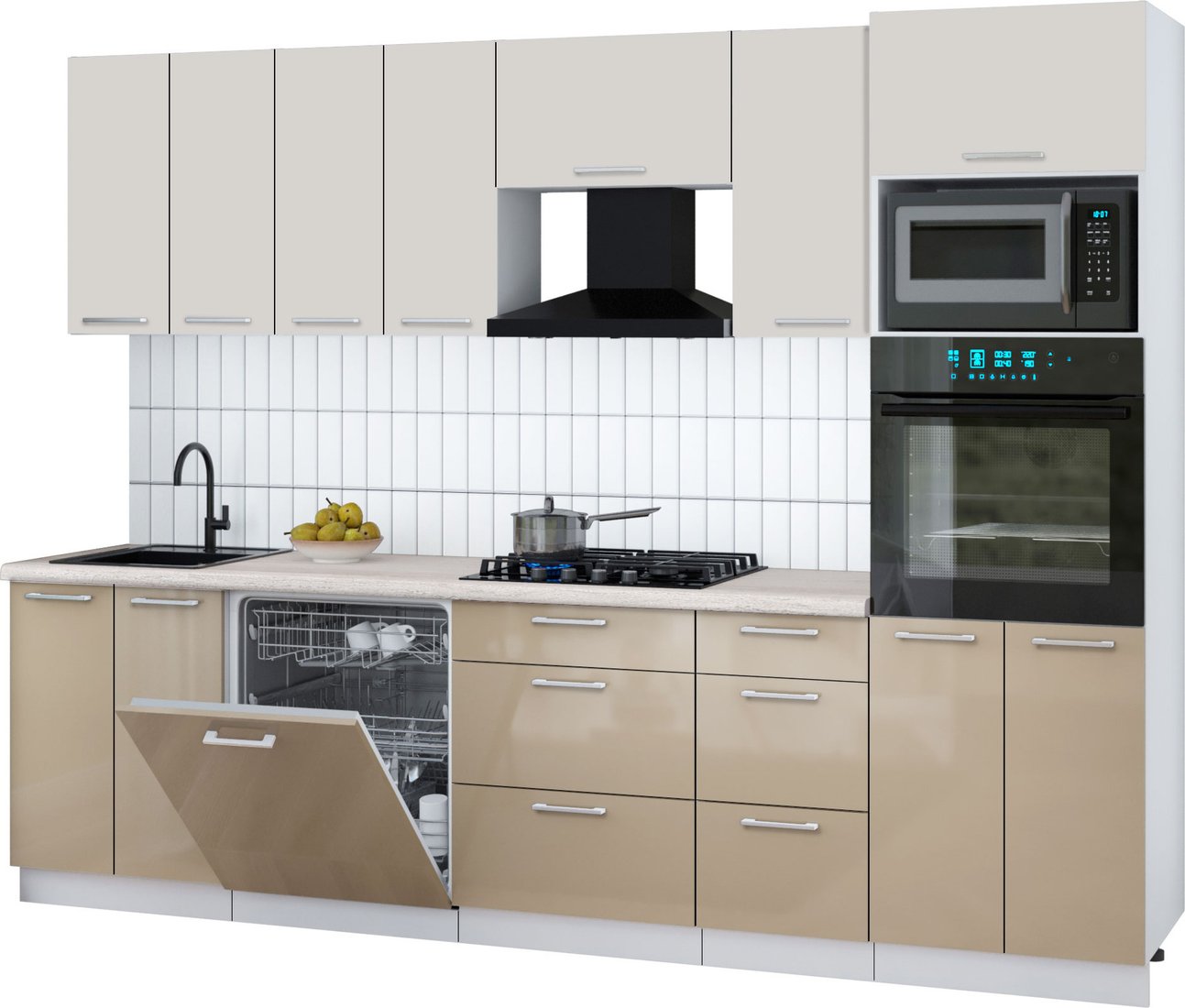 

Готовая кухня Интерлиния Мила Gloss 2.8-ПМ1 (капучино глянец/кашемир/травертин серый)