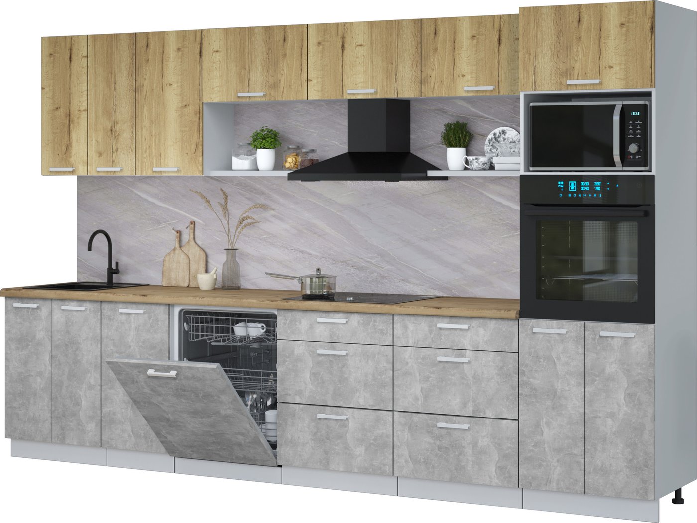 

Готовая кухня Интерлиния Мила Лайт 3.4-ПМ1-2 (дуб золотой/бетон/дуб бунратти)