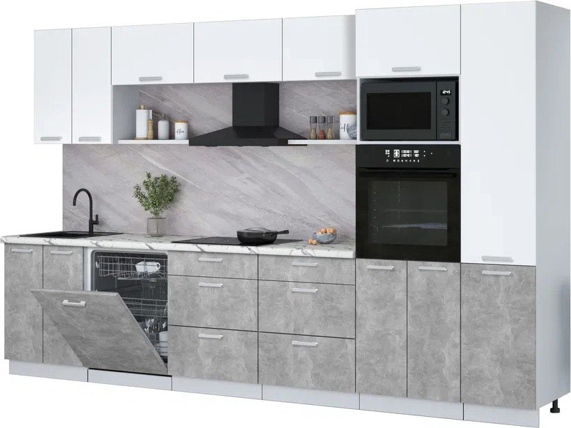 

Готовая кухня Интерлиния Мила Лайт 3.4-ПМ1 (белый платинум/бетон/белый гранит)