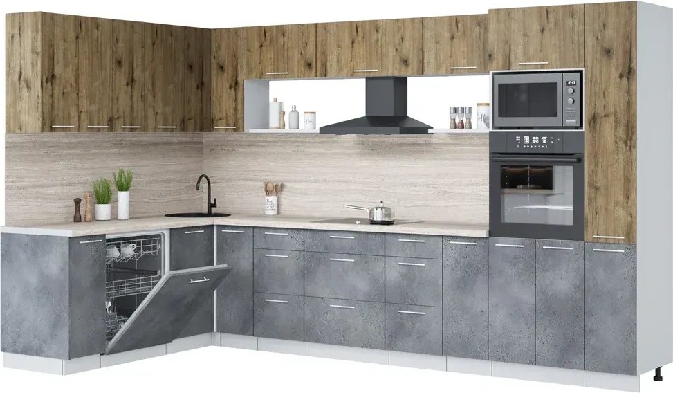 

Готовая кухня Интерлиния Мила Лайт 1.896х3.48 (дуб веллингтон/бетон портленд/травертин серый)