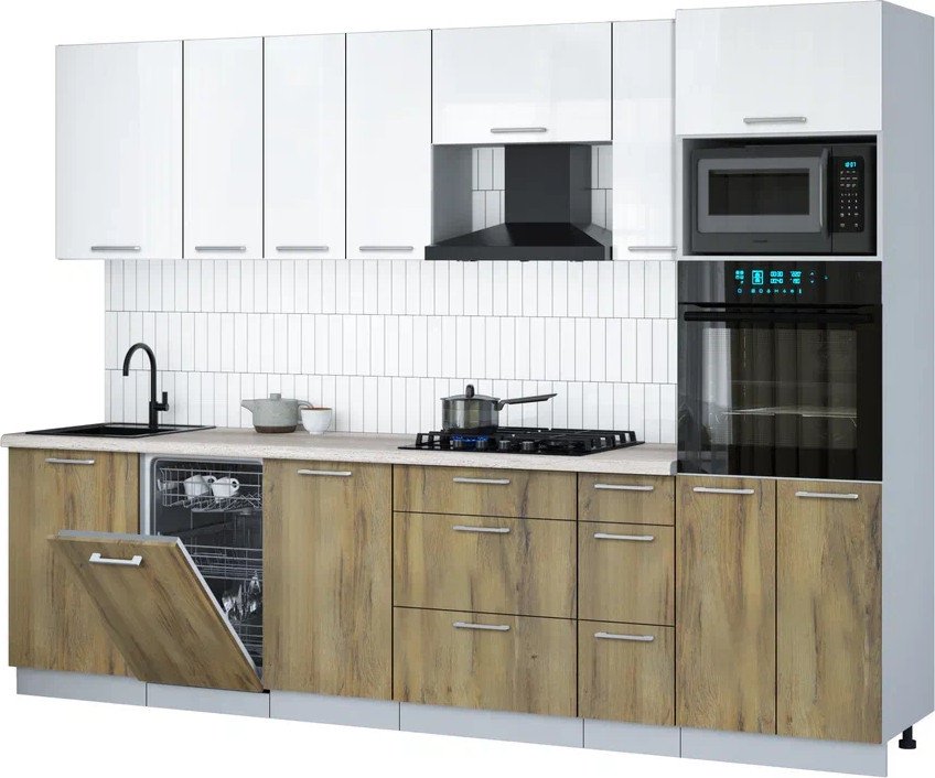 

Готовая кухня Интерлиния Мила Gloss 2.9-ПМ3 (дуб вотан/белый глянец/травертин серый)