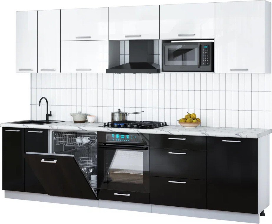 

Готовая кухня Интерлиния Мила Gloss 2.9-ПМ2 (черный глянец/белый глянец/белый гранит)