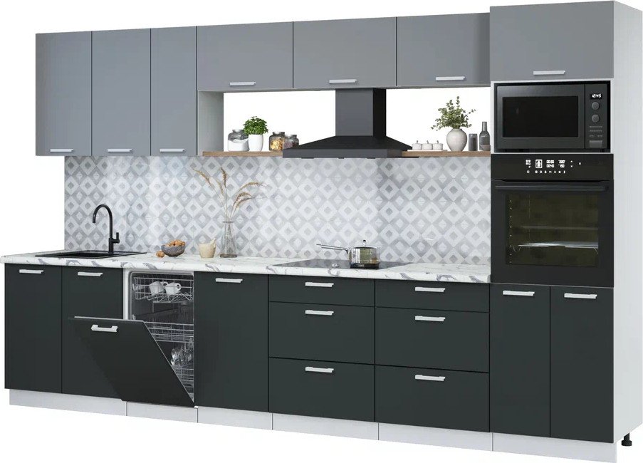 

Готовая кухня Интерлиния Мила Лайт 3.5-ПМ3 (серебро/антрацит/белый гранит)