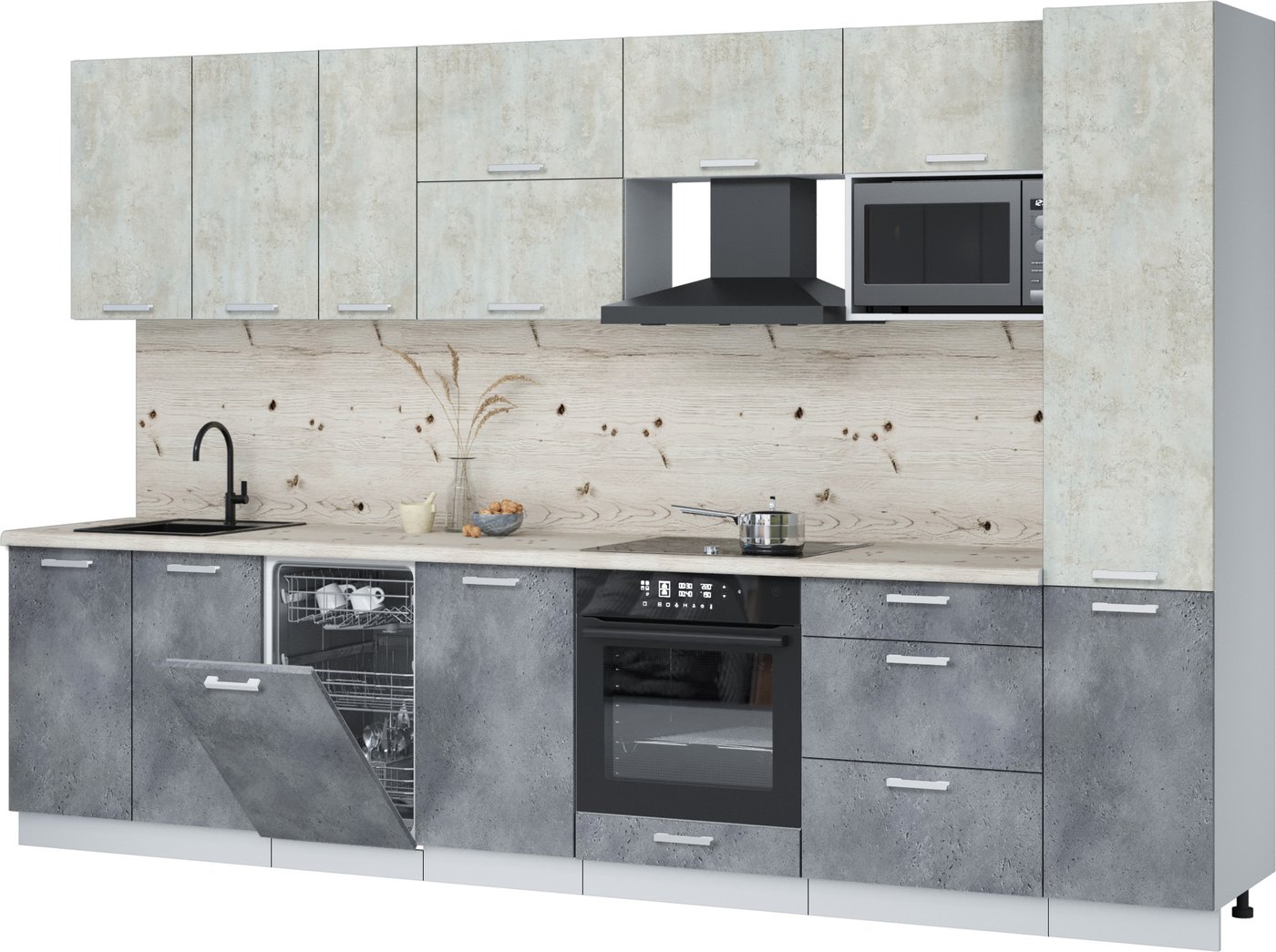 

Готовая кухня Интерлиния Мила Лайт 3.3-ПМ4 (бетон лайт/бетон портленд/бискайская сосна)