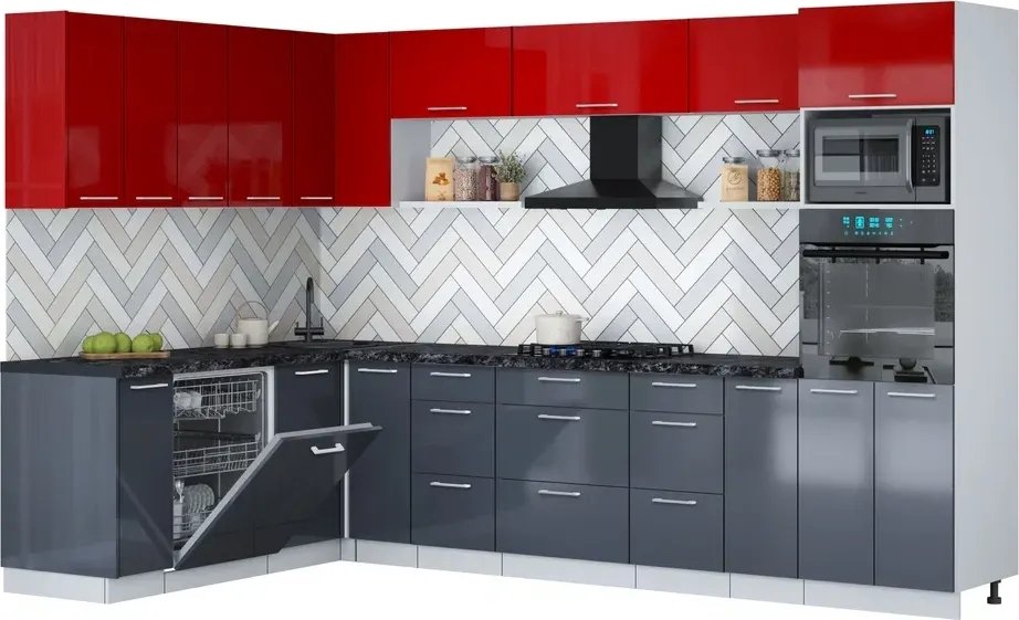 

Готовая кухня Интерлиния Мила Gloss 1.896х3.18 (асфальт глянец/красный глянец/кастилло темный)