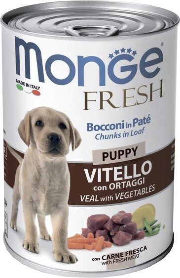 

Консервированный корм для собак Monge Fresh Chunks In Loaf Puppy мясной рулет с телятиной и овощами 400 г