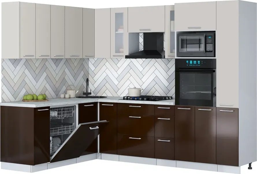 

Готовая кухня Интерлиния Мила Gloss 1.896х2.68 (шоколад глянец/кашемир/серый каспий)