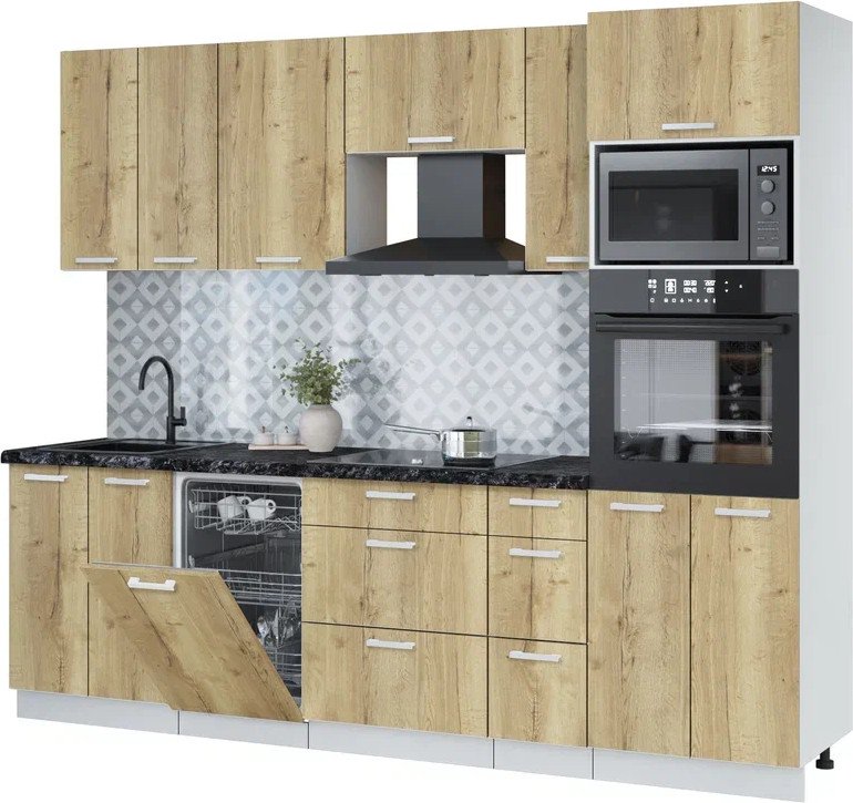 

Готовая кухня Интерлиния Мила Лайт 2.55-ПМ3 (дуб золотой/дуб золотой/кастилло темный)