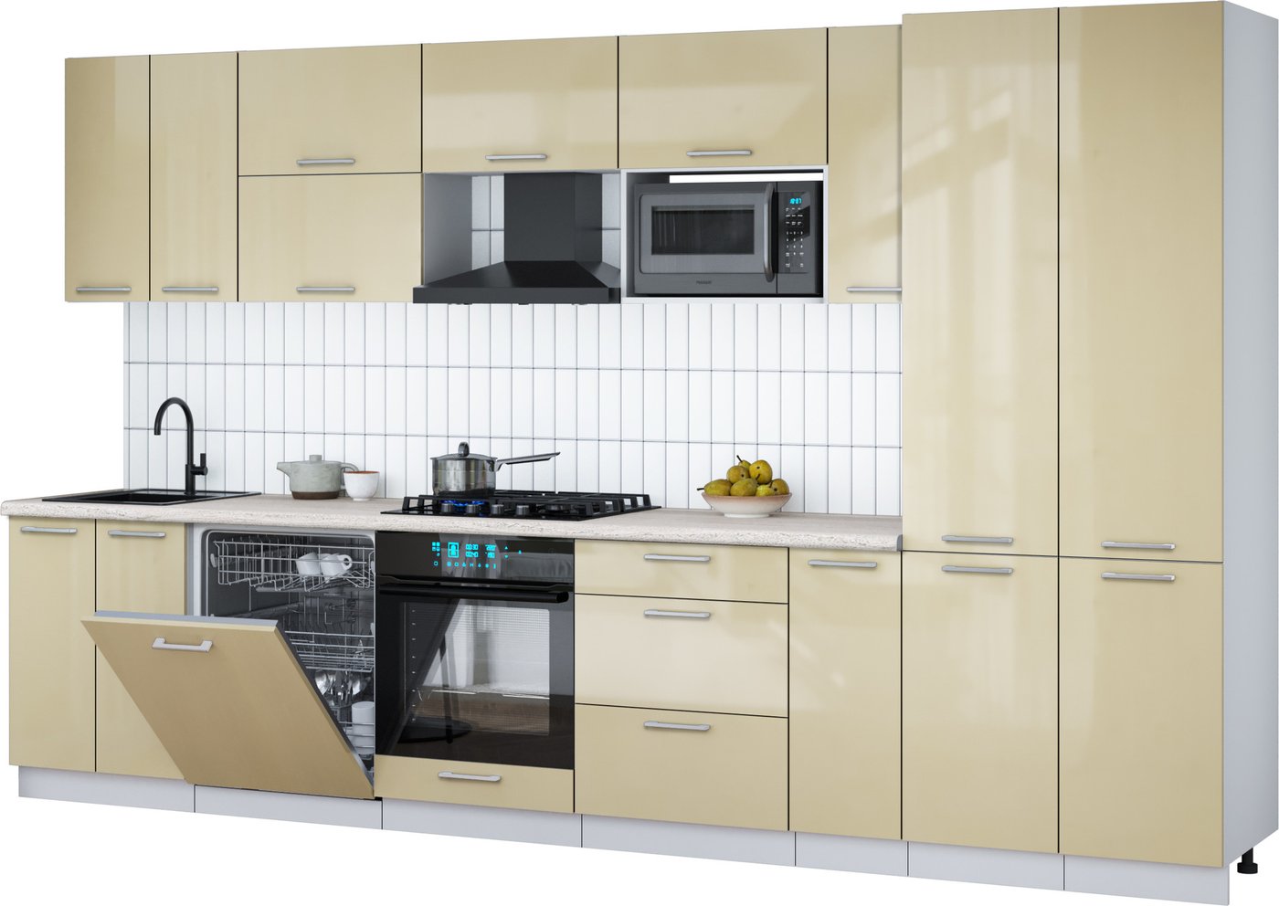 

Готовая кухня Интерлиния Мила Gloss 3.5-ПМ2 (ваниль глянец/ваниль глянец/травертин серый)