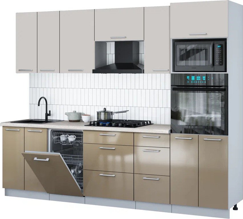 

Готовая кухня Интерлиния Мила Gloss 2.65-ПМ3 (капучино глянец/кашемир/травертин серый)