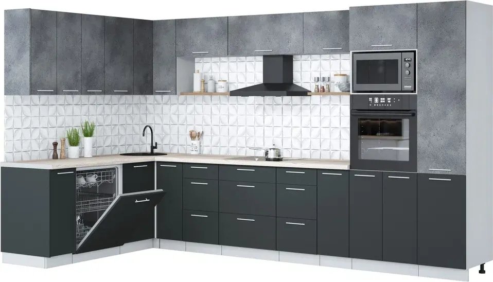 

Готовая кухня Интерлиния Мила Лайт 1.896х3.58 (бетон портленд/антрацит/травертин серый)