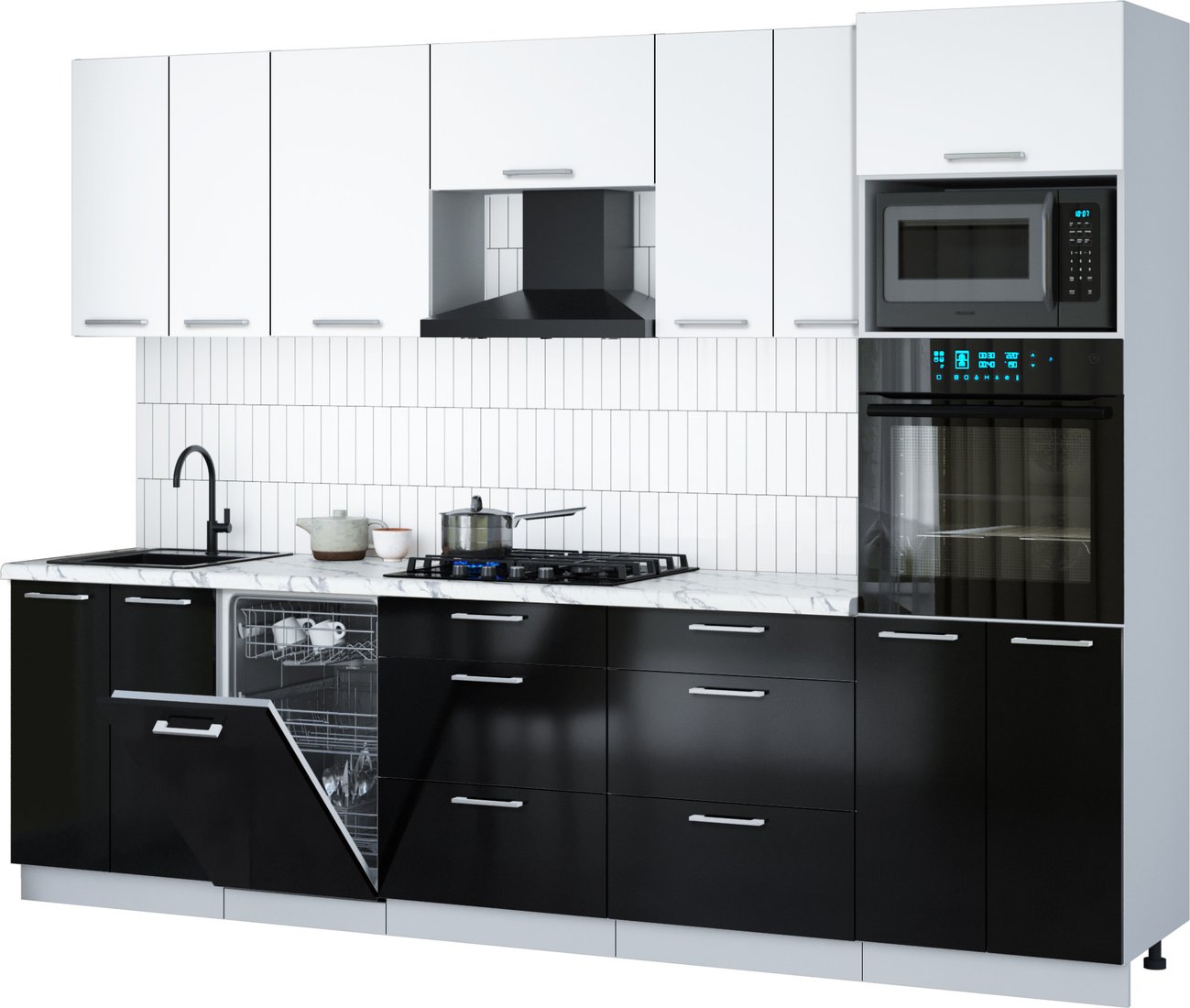 

Готовая кухня Интерлиния Мила Gloss 2.85-ПМ3 (черный глянец/белый/белый гранит)