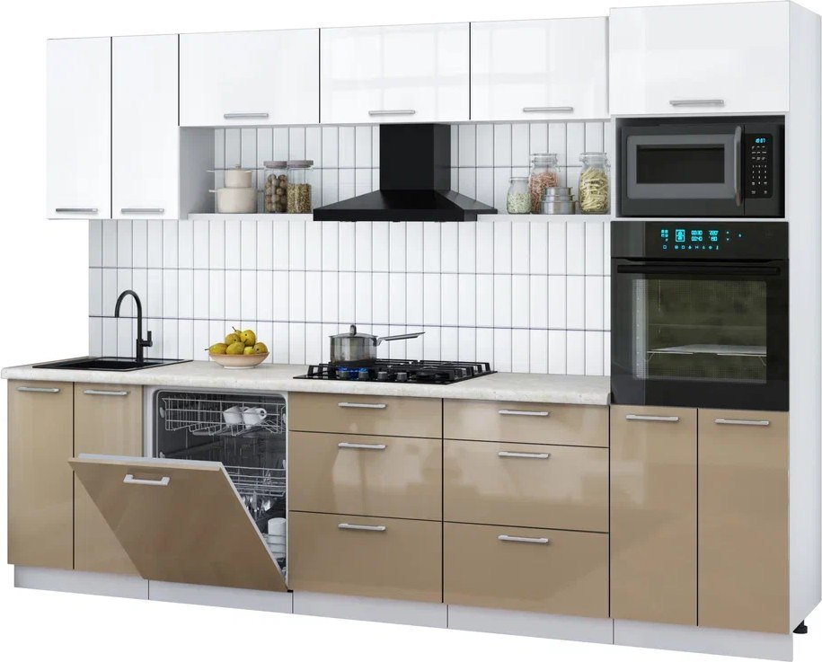 

Готовая кухня Интерлиния Мила Gloss 3.0-ПМ1 (капучино глянец/белый глянец/опал светлый)