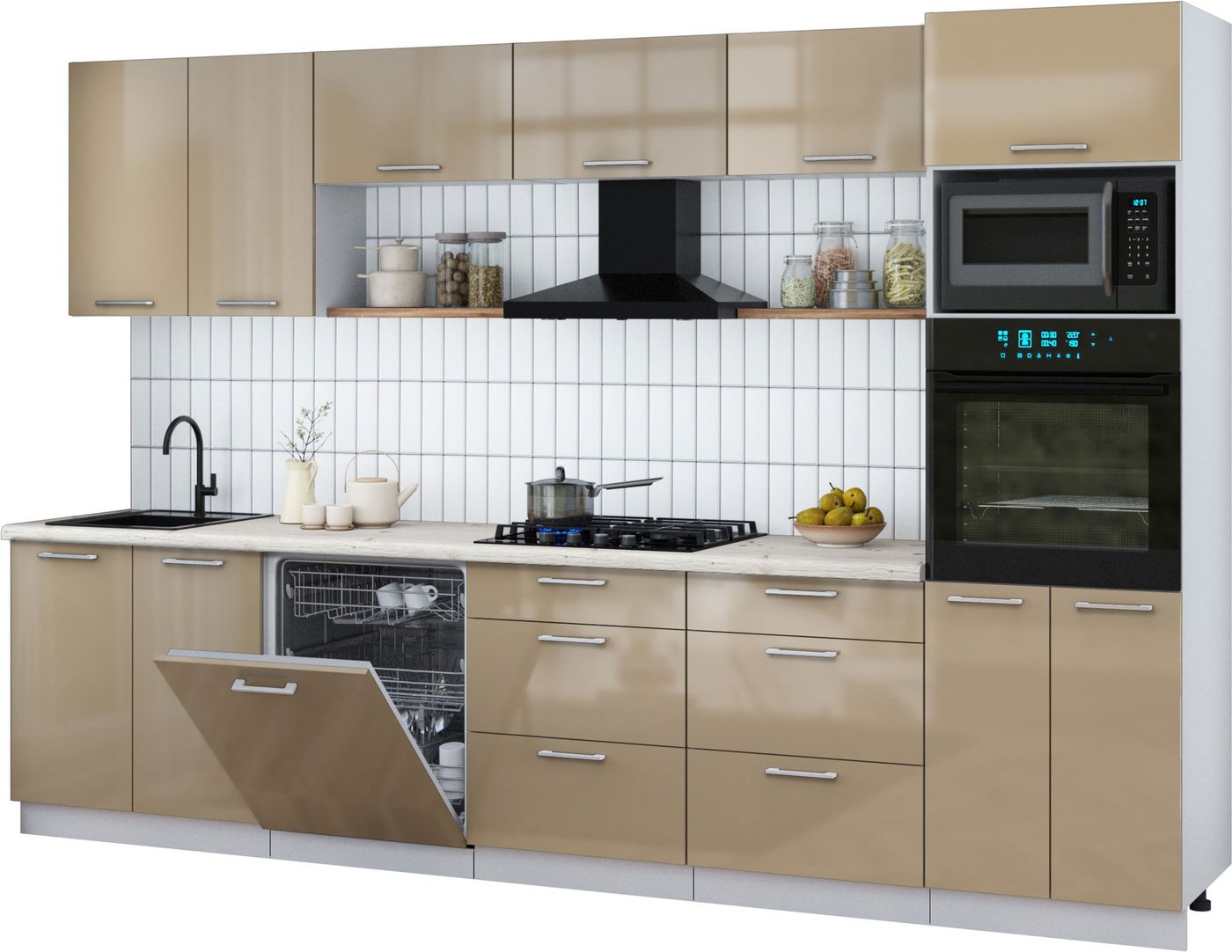 

Готовая кухня Интерлиния Мила Gloss 3.2-ПМ1 (капучино глянец/капучино глянец/бискайская сосна)