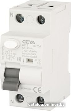 Устройство защитного отключения GEYA GYL9-2P-25A-30mA 2P 25A 6 kA 30mA A 2M GYL92P25A30