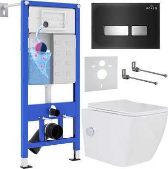 Унитаз подвесной Roxen Cube Bidet One Rimless 6 в 1 StounFix Dual Fresh 649838 (чёрное стекло)