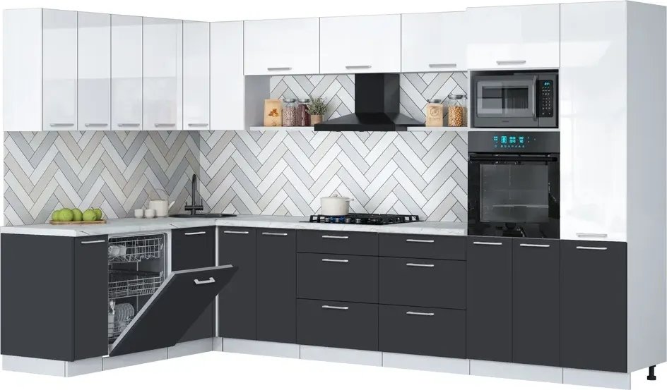 

Готовая кухня Интерлиния Мила Gloss 1.896х3.38 (пепел/белый глянец/серый каспий)