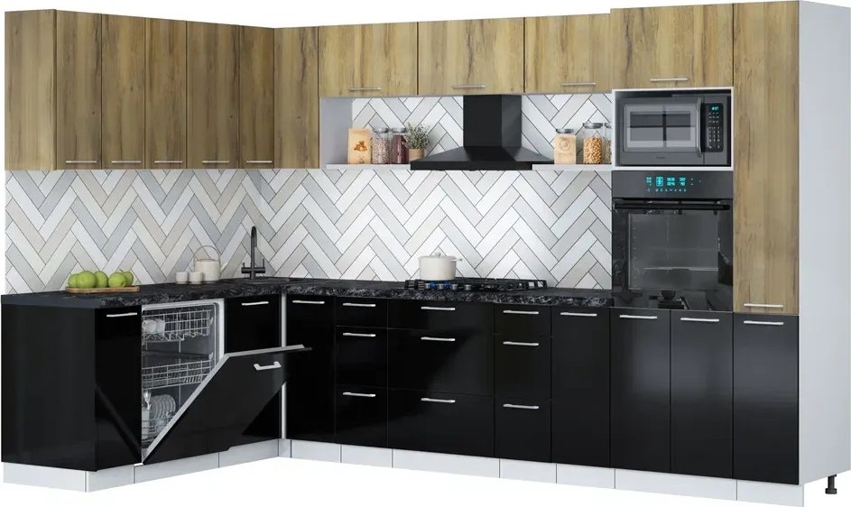 

Готовая кухня Интерлиния Мила Gloss 1.896х3.28 (черный глянец/дуб вотан/кастилло темный)