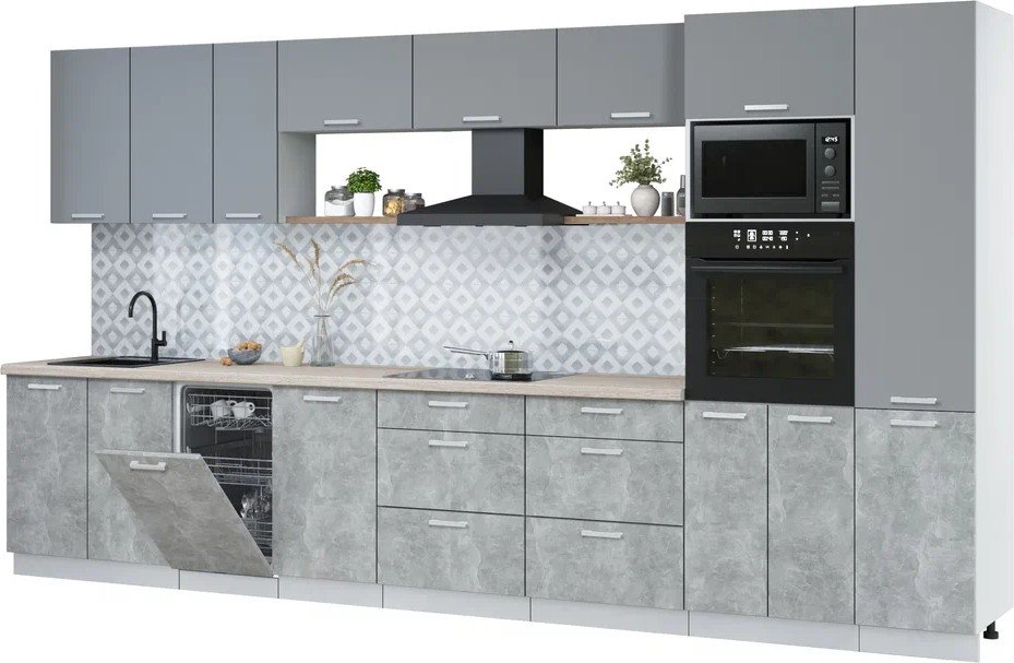 

Готовая кухня Интерлиния Мила Лайт 3.9-ПМ3 (серебро/бетон/травертин серый)