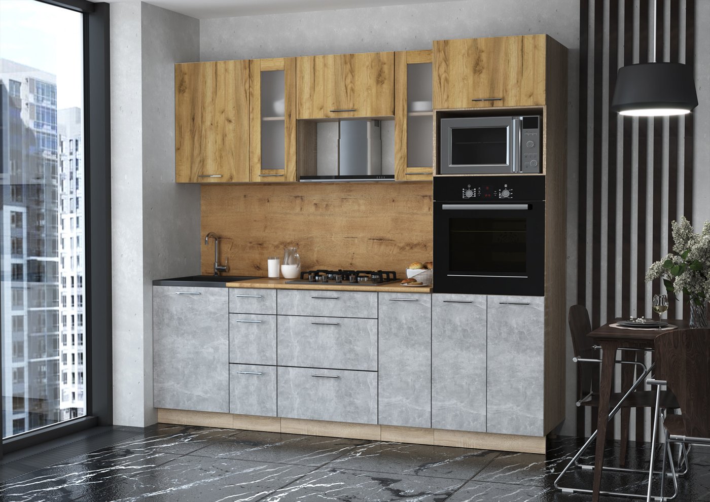 

Готовая кухня Интерлиния Мила 2.3 ВТ (дуб золотой/антрацит/дуб бунратти)