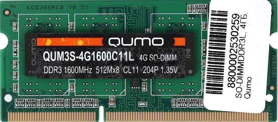 

Оперативная память QUMO 4GB DDR3 SODIMM PC3-12800 QUM3S-4G1600C11L