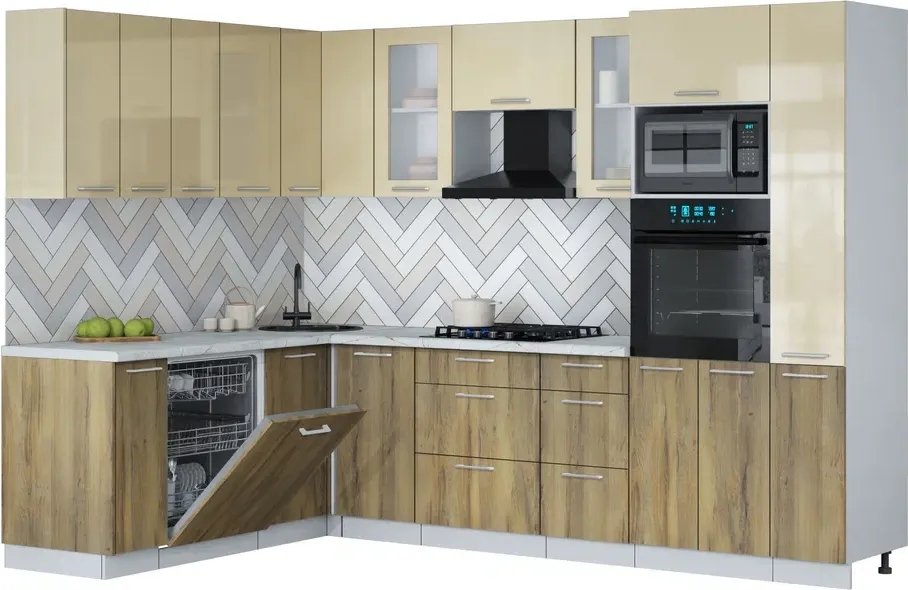 

Готовая кухня Интерлиния Мила Gloss 1.896х2.88 (дуб вотан/ваниль глянец/серый каспий)