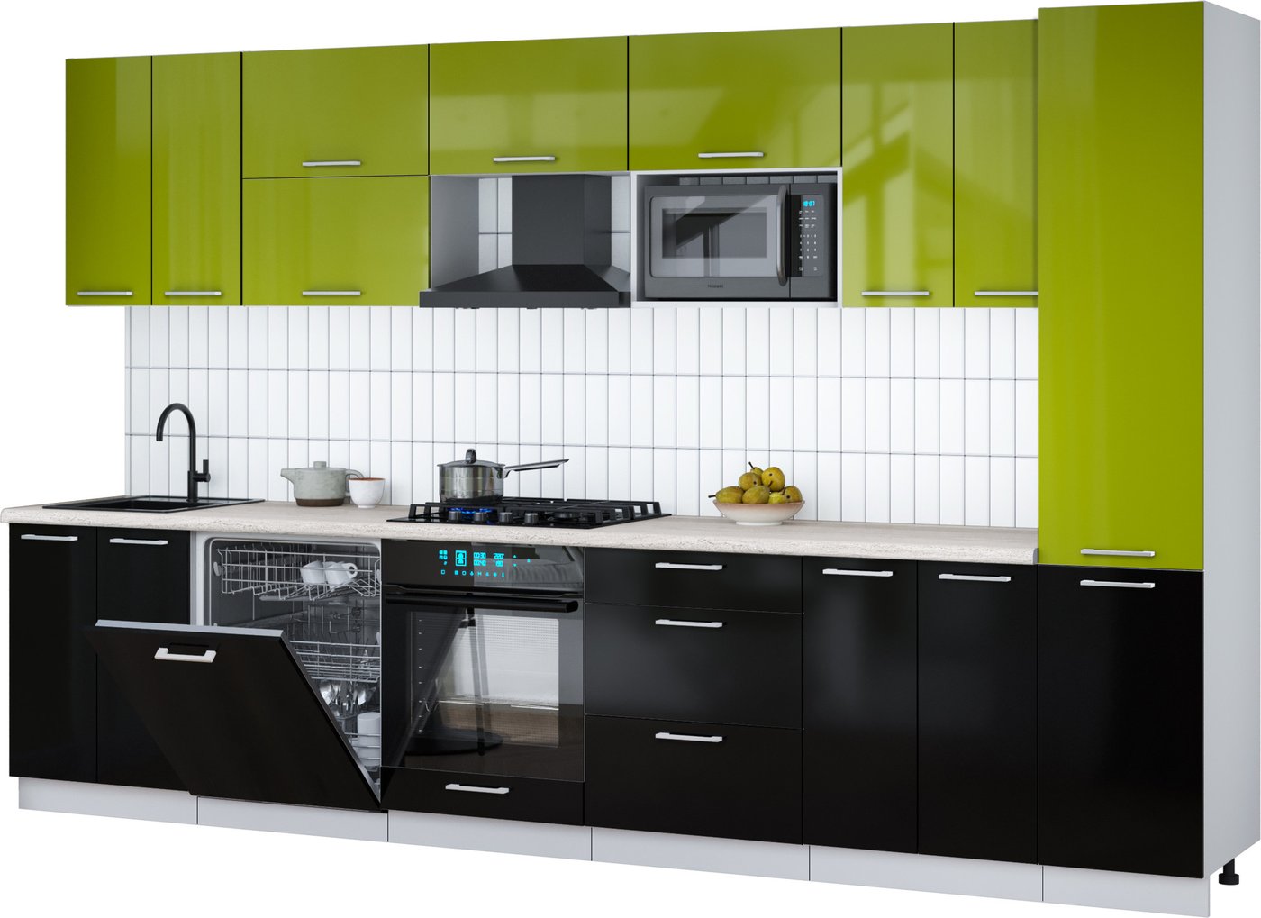 

Готовая кухня Интерлиния Мила Gloss 3.4-ПМ2 (черный глянец/яблоко глянец/травертин серый)