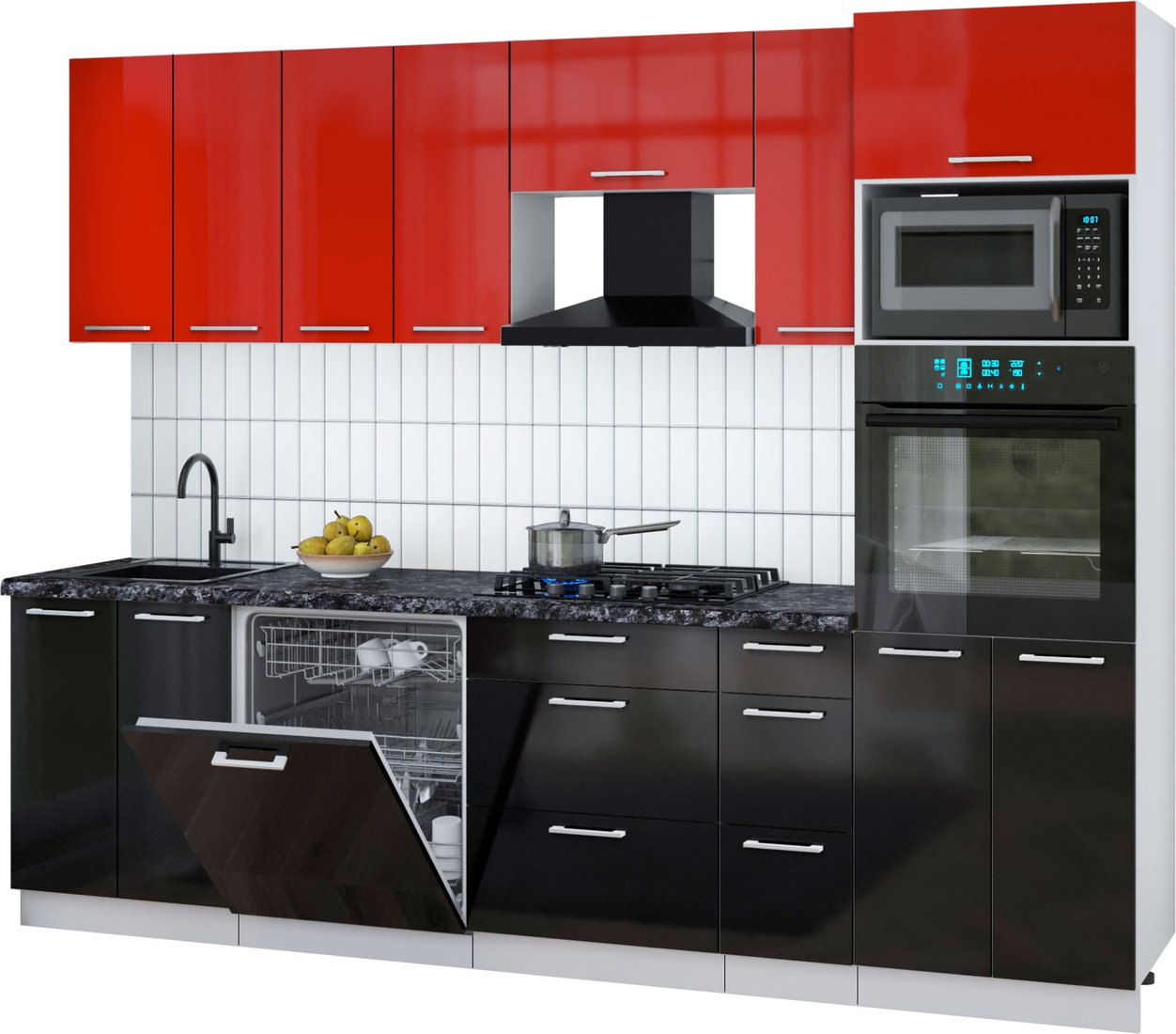 

Готовая кухня Интерлиния Мила Gloss 2.7-ПМ1 (черный глянец/красный глянец/кастилло темный)