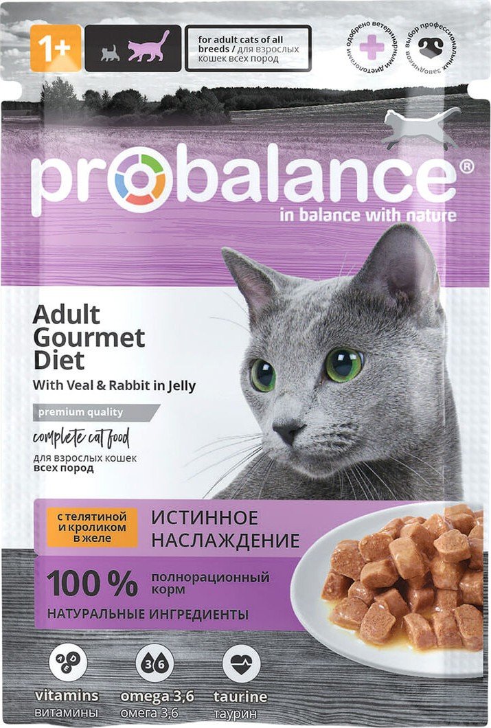 

Консервированный корм для кошек Probalance Gourmet Diet Корм консервированный для кошек с телятиной и кроликом в желе 85 г