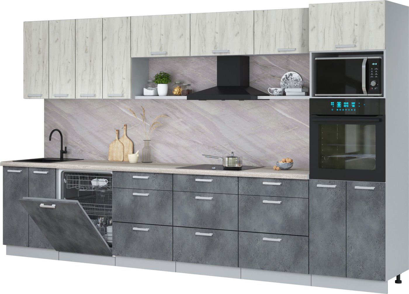 

Готовая кухня Интерлиния Мила Лайт 3.6-ПМ1-2 (дуб белый/бетон портленд/травертин серый)