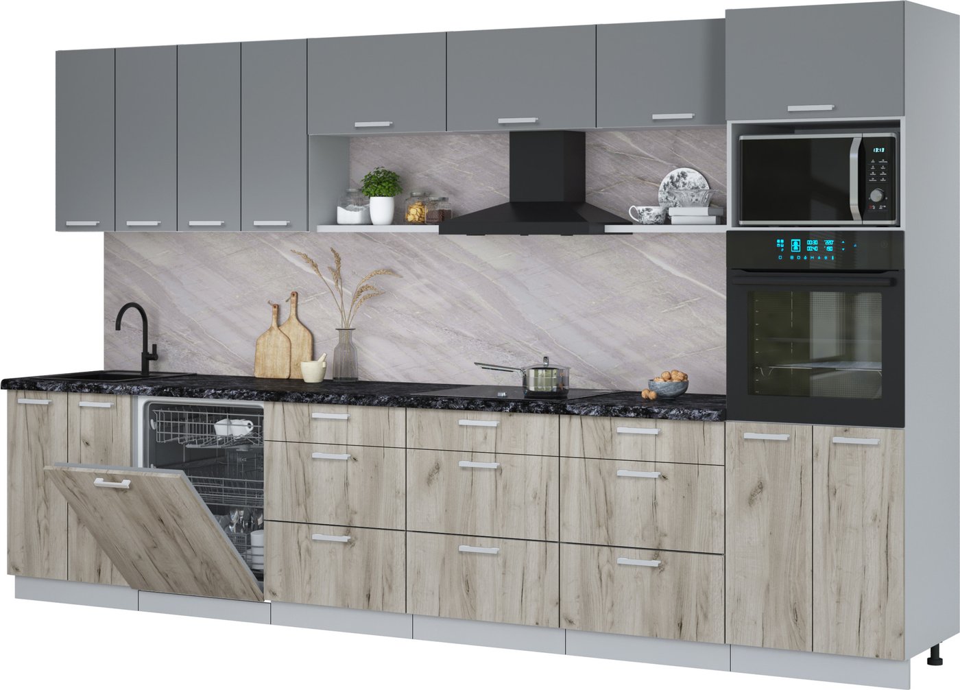 

Готовая кухня Интерлиния Мила Лайт 3.6-ПМ1-2 (серебро/дуб серый/кастилло темный)