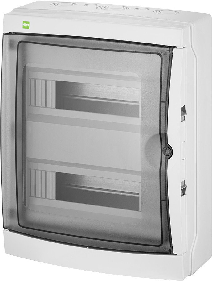 

Бокс пластиковый Elektro-Plast GALANT 2x12M, N/PE 4x 8x16+6x10mm2, дымчатая пласт. дверь, светло-серый RAL7035, 410x305x160mm, IP65