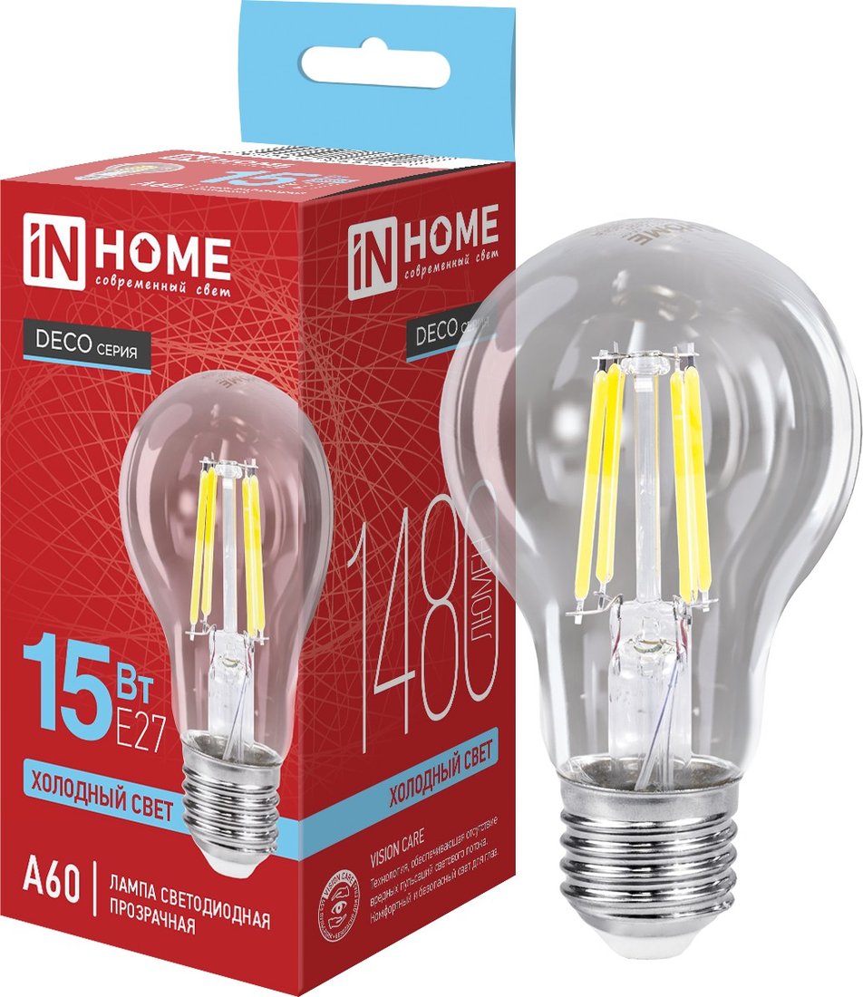 

Светодиодная лампочка In Home LED-A60-deco 15 Вт 230В Е27 6500К 1480 Лм