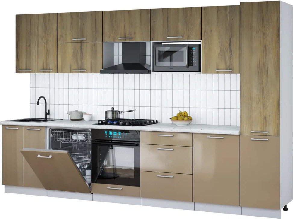 

Готовая кухня Интерлиния Мила Gloss 3.3-ПМ2 (капучино глянец/дуб вотан/серый каспий)