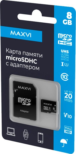 

Карта памяти Maxvi microSDHC 8GB MSD8GBC10V10 (с адаптером)