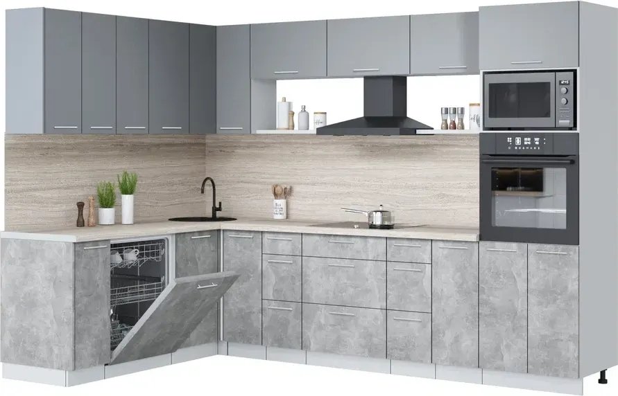 

Готовая кухня Интерлиния Мила Лайт 1.896х2.98-2 (серебро/бетон/травертин серый)