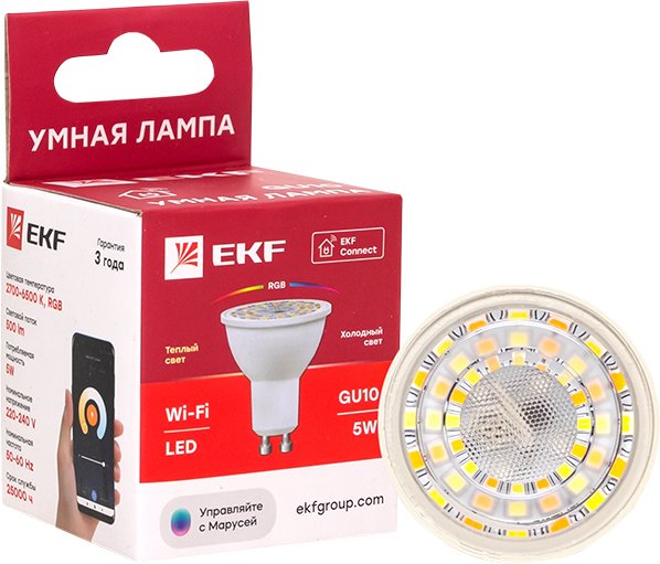 

Светодиодная лампочка EKF GU10 Connect 5W WIFI RGBW