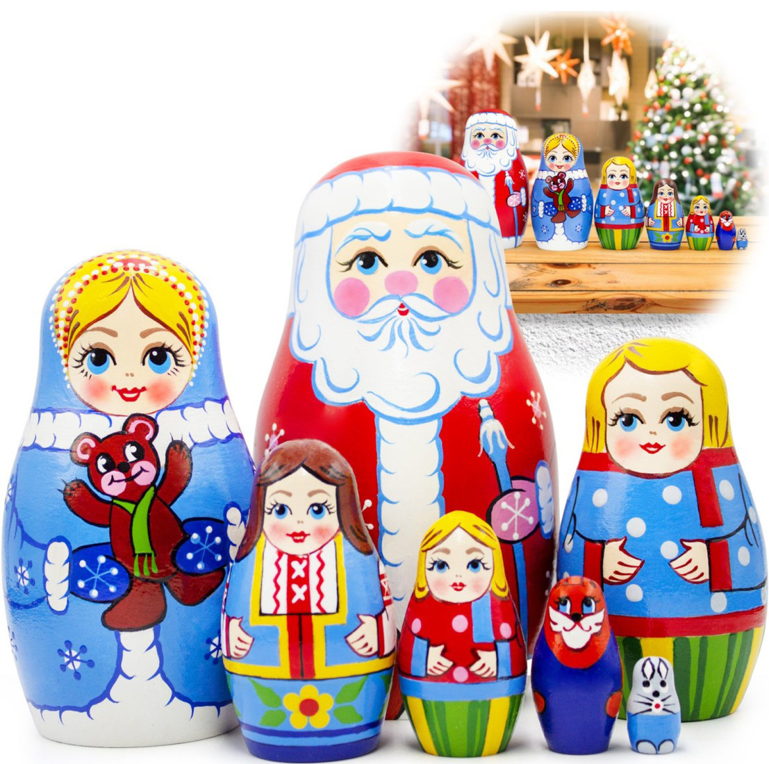 

Развивающая игрушка Брестская Фабрика Сувениров Рождественские Матрешки: Дед Мороз, Снегурочка и дети (набор 7 шт)