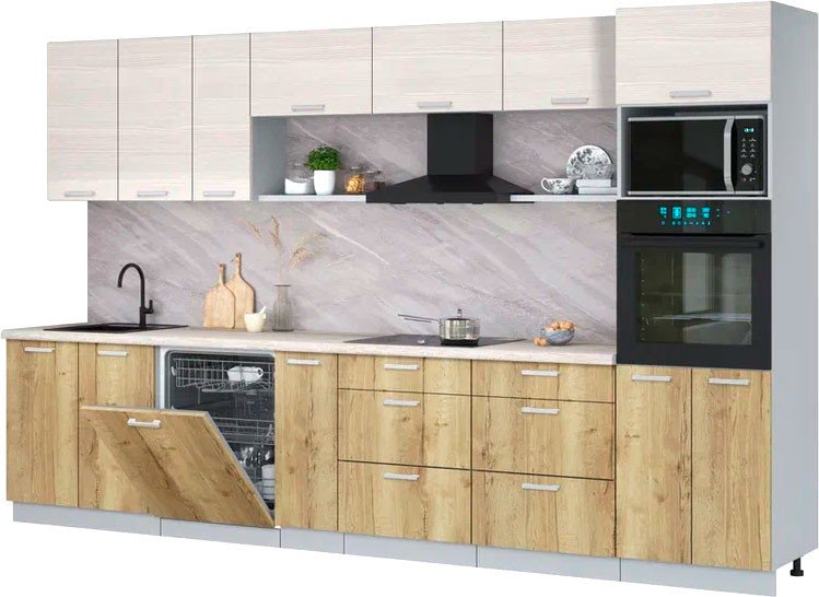 

Готовая кухня Интерлиния Мила Лайт 3.5-ПМ1-2 (вудлайн кремовый/дуб золотой/травертин серый)