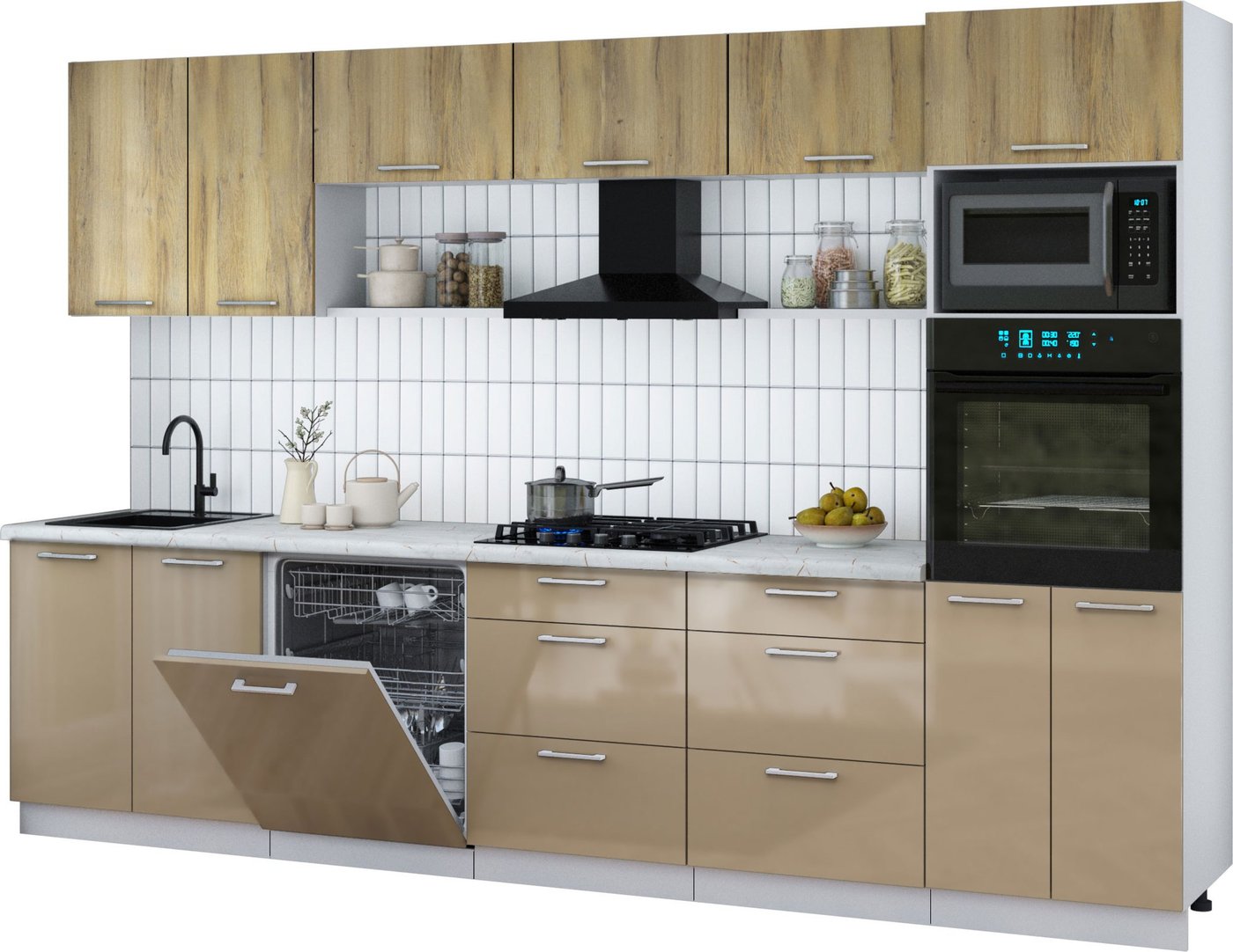 

Готовая кухня Интерлиния Мила Gloss 3.2-ПМ1 (капучино глянец/дуб вотан/серый каспий)