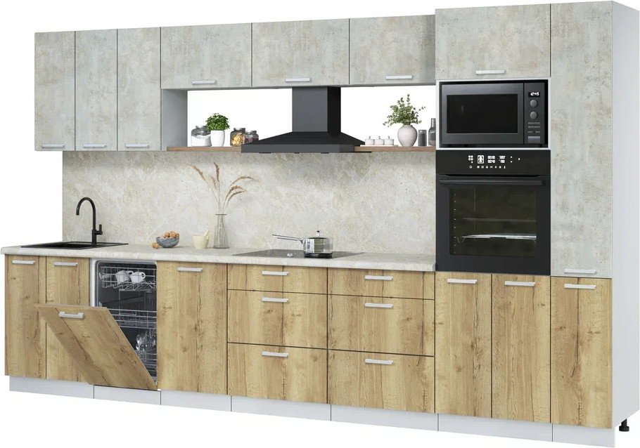 

Готовая кухня Интерлиния Мила Лайт 3.6-ПМ3 (бетон лайт/дуб золотой/опал светлый)