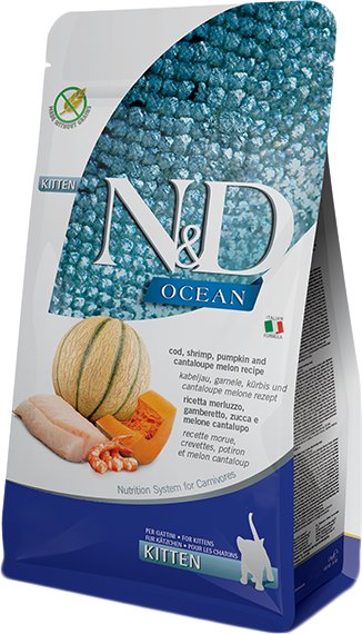 

Сухой корм для кошек Farmina N&D GF Ocean Cod, Shrimp, Pumpkin, Cantaloupe Kitten (Океанская треска, креветки, тыква, дыня) 1.5 кг