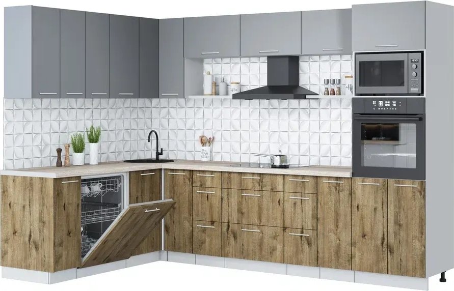 

Готовая кухня Интерлиния Мила Лайт 1.896х2.98-2 (серебро/дуб веллингтон/травертин серый)