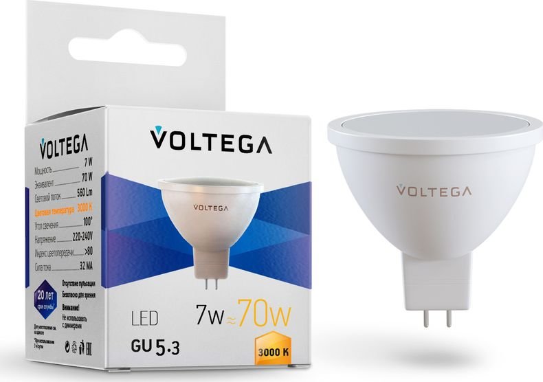 

Светодиодная лампочка Voltega Simple MR16 7W 3000K 110° GU5.3