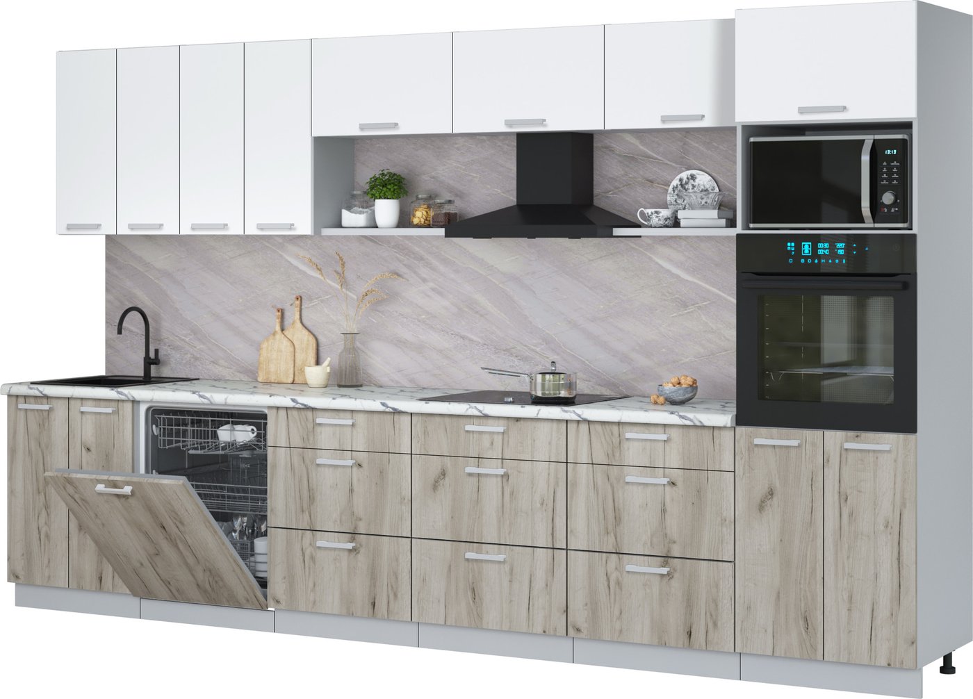 

Готовая кухня Интерлиния Мила Лайт 3.6-ПМ1-2 (белый платинум/дуб серый/белый гранит)