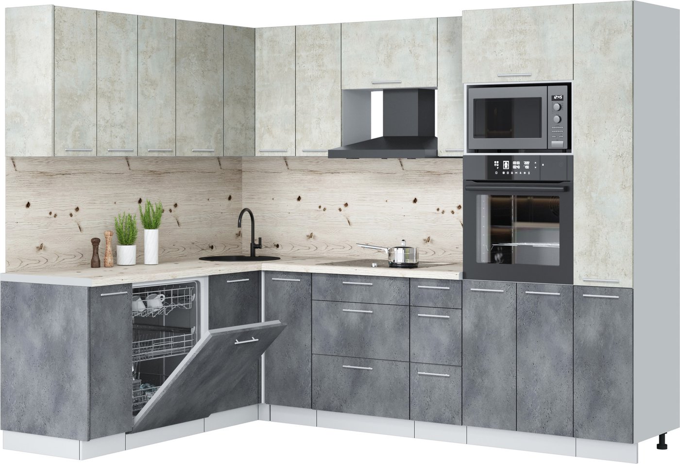 

Готовая кухня Интерлиния Мила Лайт 1.896х2.68 (бетон лайт/бетон портленд/бискайская сосна)