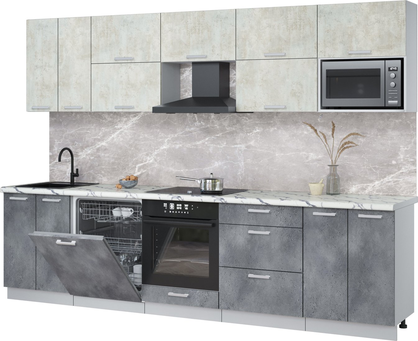 

Готовая кухня Интерлиния Мила Лайт 3.0-ПМ2 (бетон лайт/бетон портленд/белый гранит)